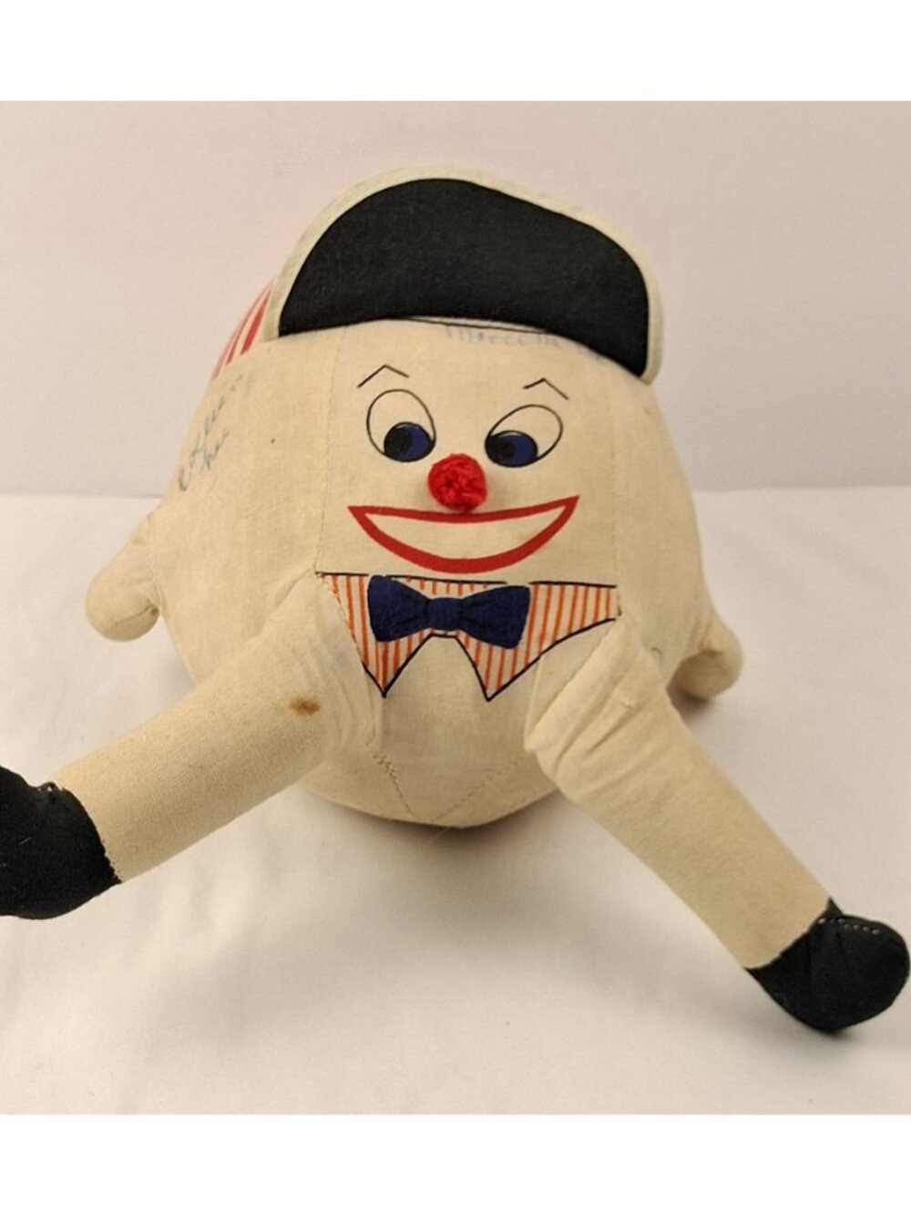 VTG Humpty Dumpty Cloth Doll W/ Red Striped Hat & Bow Tie 1940s Handmade Figure - Picture 4 of 15